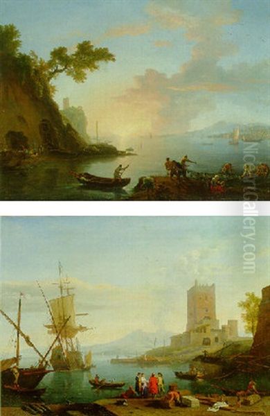 Neapolitan Coastal View With Fishermen In A Harbour Oil Painting by Adrien Manglard