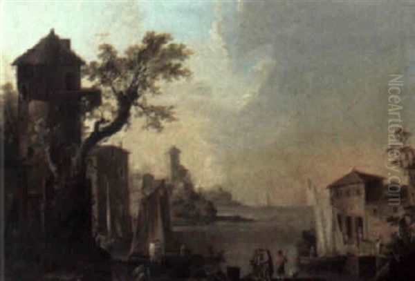 Italianate Harbor Scene With Figures Oil Painting by Adrien Manglard