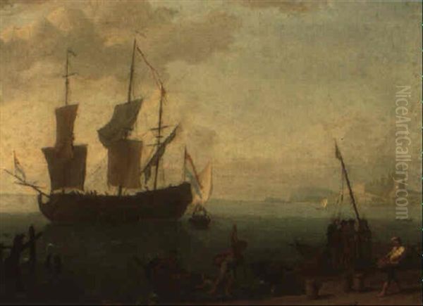 Harbour Setting With Figures Disembarking From A Ship Oil Painting by Adrien Manglard