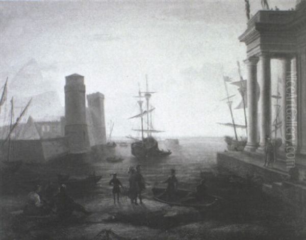 Capriccio Of A Southern Port At Sunset With Ships And Figures Oil Painting by Adrien Manglard