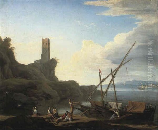 Mediterranean Coastline With Fishermen Resting By Their Boats Oil Painting by Adrien Manglard