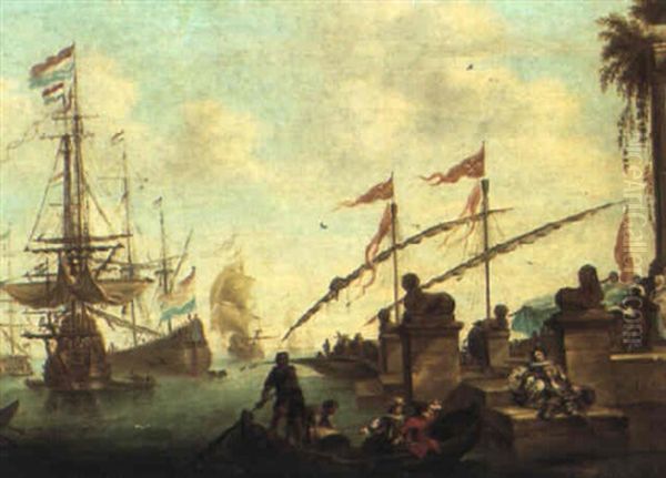 Capriccio Of A Mediterranean Harbour With Shipping Oil Painting by Adrien Manglard