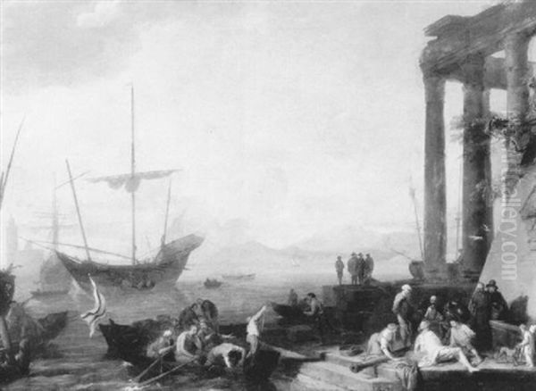 Capriccio Of A Southern Port With Ships And Figures Off-    Loading A Small Boat, Other Figures On The Shore... Oil Painting by Adrien Manglard