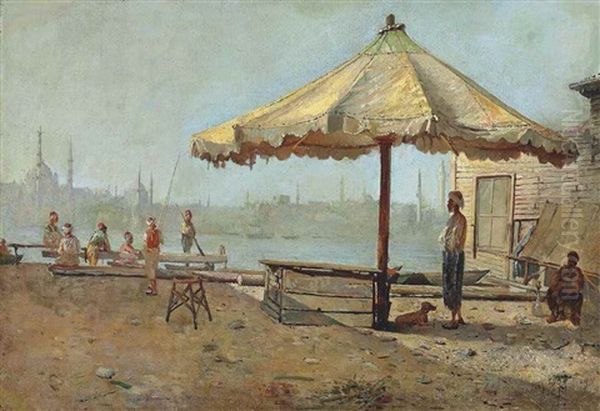 Along The Golden Horn, Constantinople Oil Painting by Leonardo De Mango