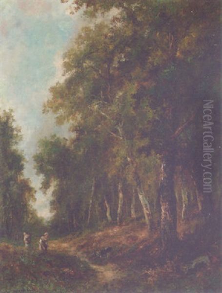 Peasants Gathering Faggots In A Wooded Landscape Oil Painting by Burkhard Mangold