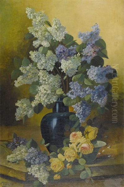 Stillleben Mit Flieder In Blauer Vase Oil Painting by Josef Mangold