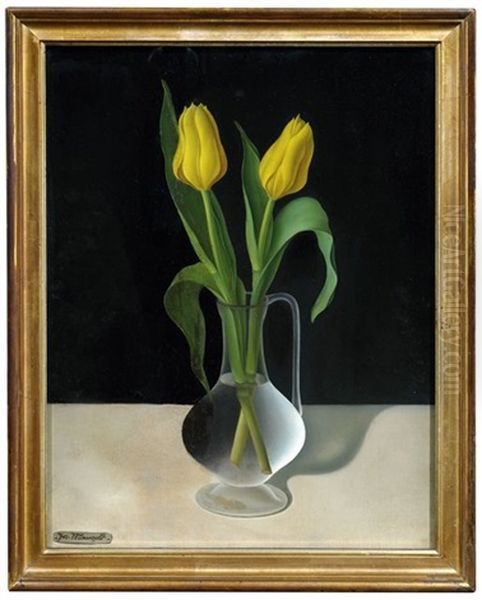 Stilleben Mit Zwei Gelben Tulpen In Einer Glasvase Vor Dunklem Hintergrund Oil Painting by Josef Mangold