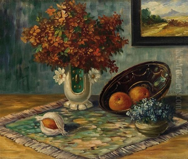 Blumenstillleben Mit Obstschale Und Gemalde Oil Painting by Josef Mangold