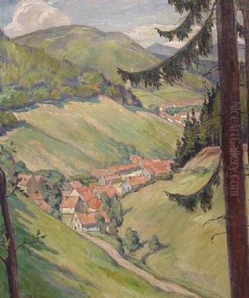 Sommerliche Harzlandschaft Mit Blick Auf Dorfer In Einer Talkehle Oil Painting by Josef Mangold