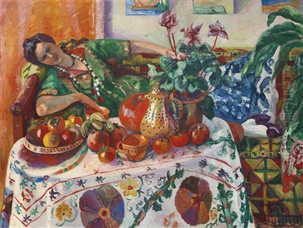 Jeanne Allongee Sur Un Canape Oil Painting by Henri Charles Manguin