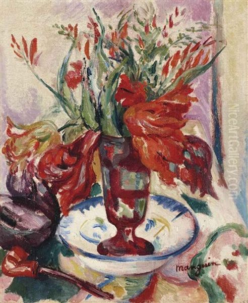 Tulipes Dans Un Verre Rouge Oil Painting by Henri Charles Manguin