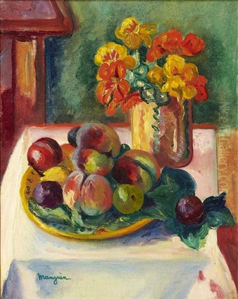 Nature Morte Aux Peches Et Au Bouquet De Capucines Oil Painting by Henri Charles Manguin