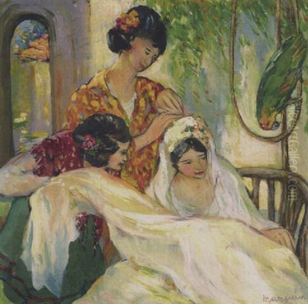 Bride With Two Women And A Parrot Oil Painting by Henri Charles Manguin