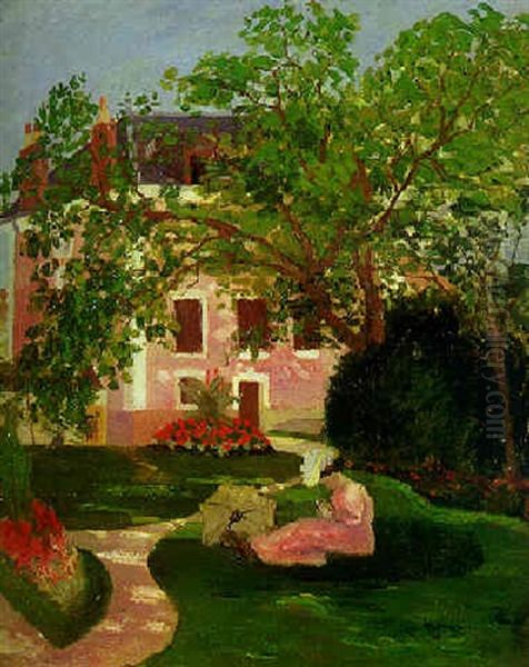 Jeanne A L'ombrelle Assise Dans Le Jardin De Coulombs Oil Painting by Henri Charles Manguin