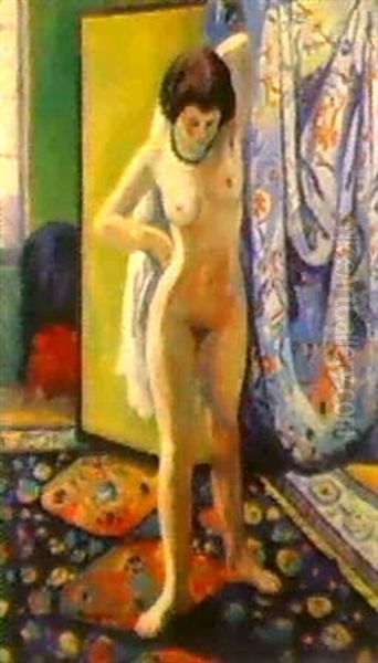 Nu Debout Au Tapis Bleu, Anita Champagne, 1908 Oil Painting by Henri Charles Manguin