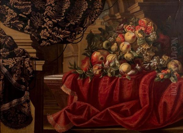 Nature Morte Aux Grenades, Raisins Sur Un Tapis Brocarde Oil Painting by Carlo Manieri