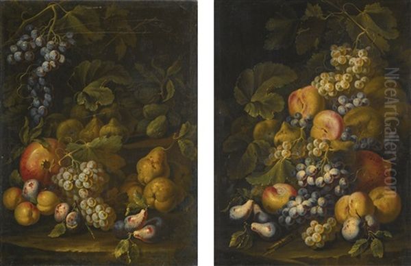 Still Lifes Of Grapes, Pears And Peaches On A Forest Floor Oil Painting by Carlo Manieri