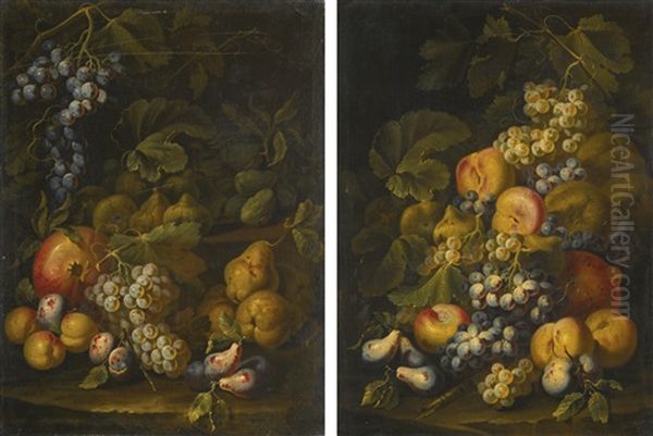 Still Lifes Of Grapes, Pears And Peaches On A Forest Floor Oil Painting by Carlo Manieri