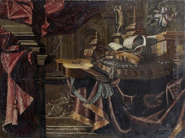 A Guitar And Violin With A Dish Of Plums On A Draped Table Oil Painting by Carlo Manieri