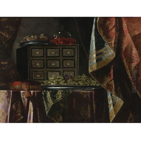 Still Life Of A Chest, Fruit And Other Objects On A Brocade Draped Table Oil Painting by Carlo Manieri