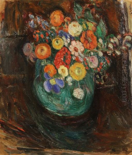 Flowers And A Street Scene (double-sided) Oil Painting by Abraham Manievich