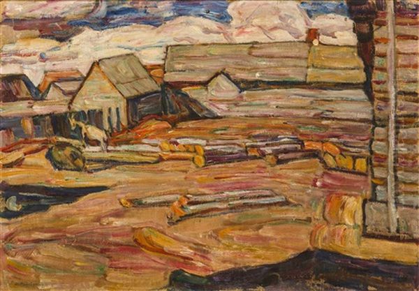 In Front Of A Loghouse (+ Sketch For A Landscape, Verso) Oil Painting by Abraham Manievich