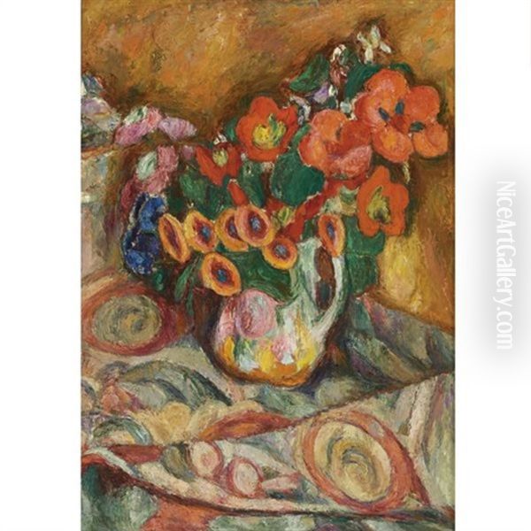 Flowers On A Floral Tablecloth Oil Painting by Abraham Manievich