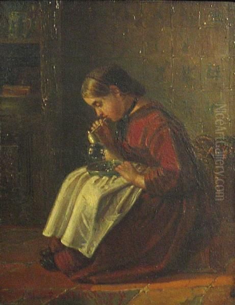 A Girl Blowing Bubbles Oil Painting by H. V. Berkenkamp