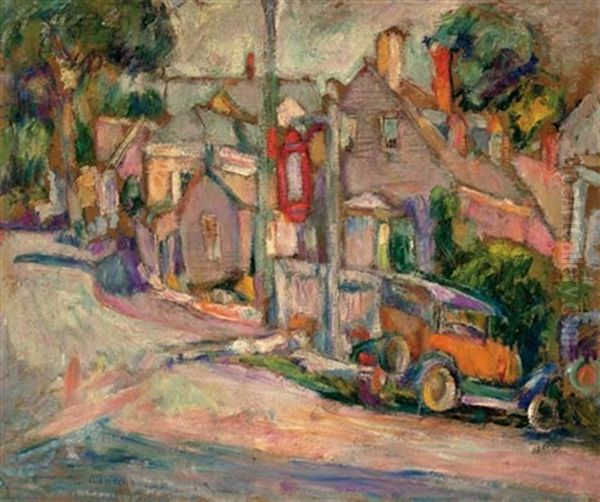 City Street With Red Car Oil Painting by Abraham Manievich