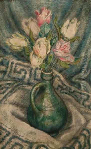 Still Life With Tulips And A Rose In Blue Pitcher Oil Painting by Edward Middleton Manigault