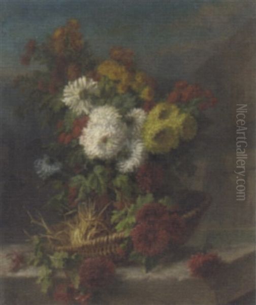 Still Life With Chrysanthemum In A Basket Oil Painting by Augustin Maniquet Barjou