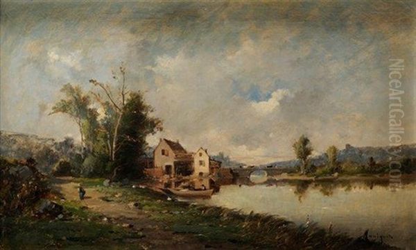 Promenade En Bord De Riviere Oil Painting by Marius Maniquet