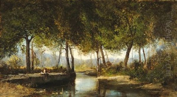 Pecheur Dans Un Sous-bois Oil Painting by Marius Maniquet