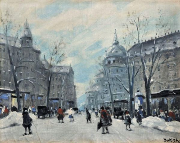 Budapest V Zime Oil Painting by Antal Berkes