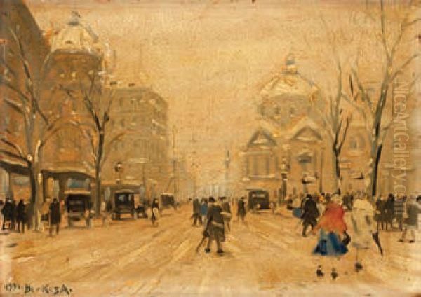 Scene Animee En Ville Sous La Neige Oil Painting by Antal Berkes