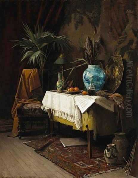 An Interior With A Still Life Of An Oriental Vase, Oranges, A Carafe Of Wine And A Sheet Of Music On A Table Oil Painting by Alexander Mann