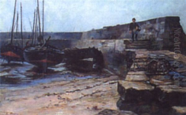 Harbour Quay With Lobster Pots In The Foreground Oil Painting by Alexander Mann