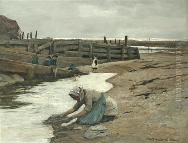 A Woman Washing Clothes In A Pool, Probably Staithes, Yorkshire Oil Painting by Harrington Mann