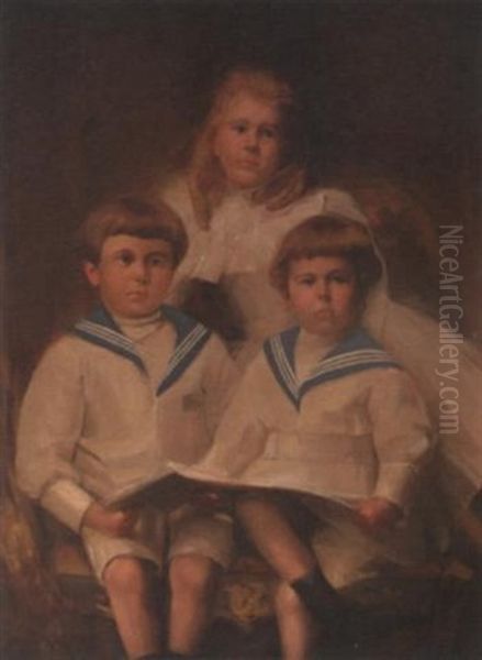 Portrait Of A Girl And Two Boys Oil Painting by Harrington Mann