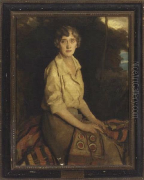 Portrait Of Princess Marie Louise Of Schleswig-holstein In A Cream Shirt And Brown Skirt, African Textiles On Her Lap Oil Painting by Harrington Mann