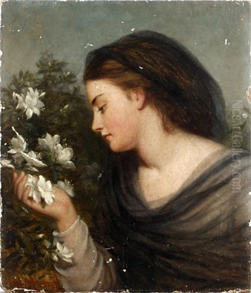 A Girl With Azaleas Oil Painting by Joshua Hargrave Sams Mann