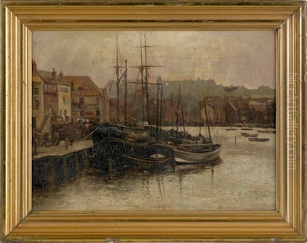 Landscape With Ships In A Harbor And Town In The Background Oil Painting by William Manners