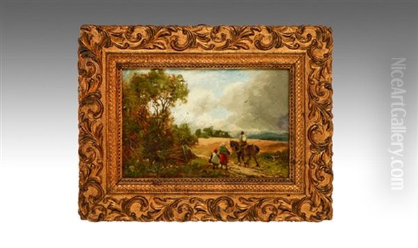 Farmer On Horseback On A Country Track Alongside A Lady & Her Daughter Oil Painting by William Manners