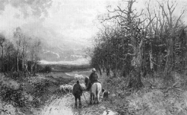 A Winter Landscape With Figures, Sheep And Pony In A Country Lane Oil Painting by William Manners