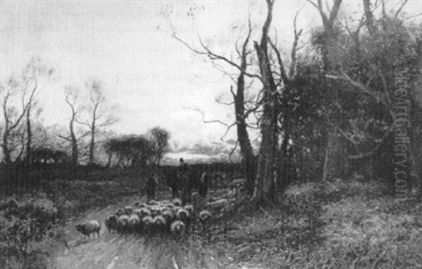 A Winter Landscape With Sheep, Figures And A Pony And Cart In A Country Lane Oil Painting by William Manners