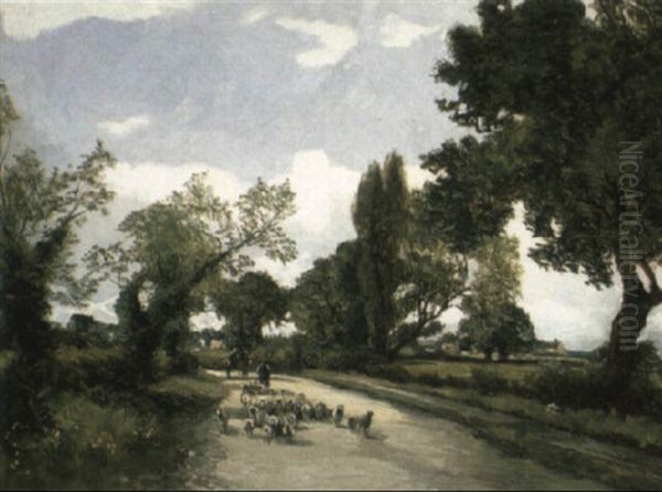 Drover And His Flock On A Country Lane Oil Painting by William Manners