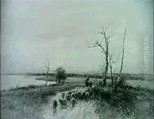 Driving Sheep By A River Oil Painting by William Manners