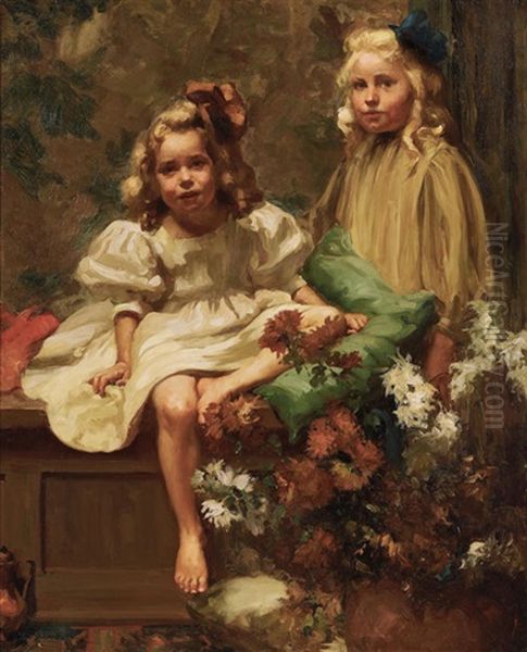 A Portrait Of The Artist's Daughters Oil Painting by Jean Mannheim