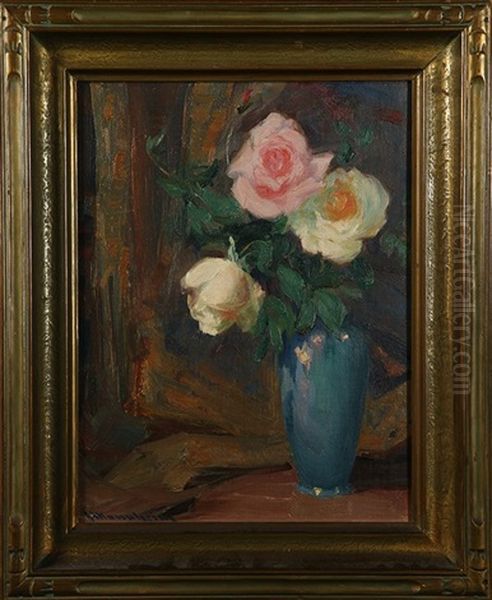 Impressionistic Still Life With Roses In A Blue Vase Oil Painting by Jean Mannheim