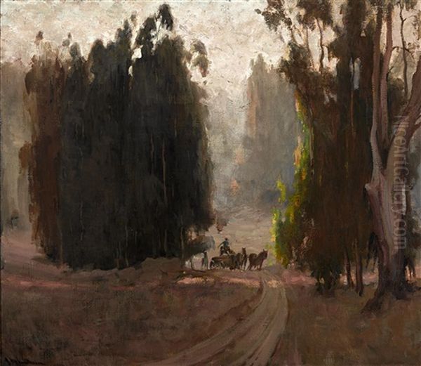 Farmer On Horse Drawn Cart Among Eucalyptus Oil Painting by Jean Mannheim